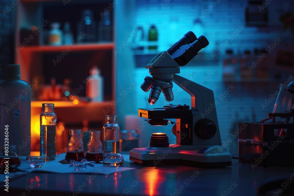 Aufkleber A microscope sitting on a table in a laboratory. Useful for scientific and research concepts