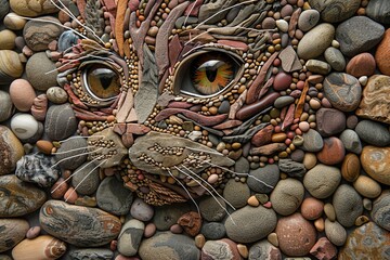 a portrait of cat made from pebbles, stone