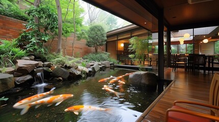 Tranquil Zen Garden Cafe with Koi Pond, generative ai
