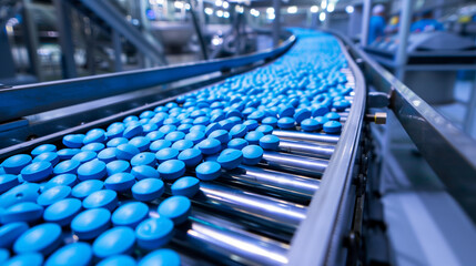 Fototapeta premium This vivid image showcases a stream of blue pills on a conveyor belt, part of the mass production in a pharmaceutical factory