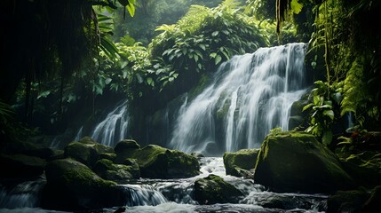 A lush jungle waterfall surrounded by vibrant green vegetation
