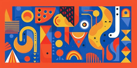 A flat vector design featuring colorful geometric shapes and patterns, designed in the style