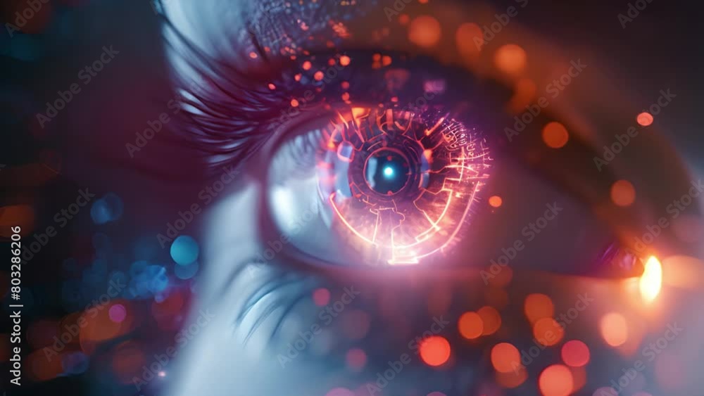 Poster digitally enhanced eye with futuristic tech interface.