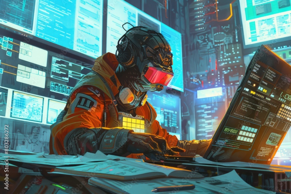 Aufkleber a man wearing a gas mask while working on a laptop. suitable for technology and environmental protec