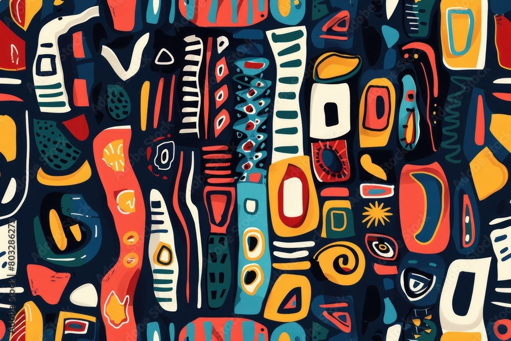 Poster Vibrant and busy pattern featuring a variety of objects. Suitable for a wide range of design projects