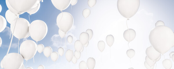 Serene sky filled with numerous white balloons floating gently upwards 3d render illustration