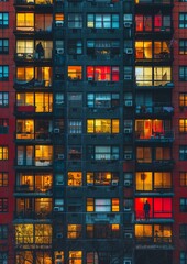 Multicolored balconies in apartment building at night