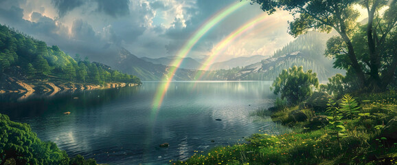 A tranquil lake nestled among rolling hills, surrounded by lush vegetation and crowned by a brilliant rnbow after a refreshing rnfall.