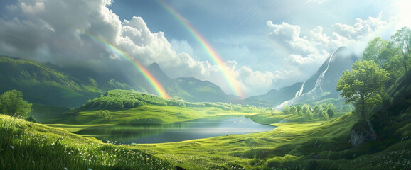 A tranquil lake nestled among rolling hills, surrounded by lush vegetation and crowned by a brilliant rnbow after a refreshing rnfall.
