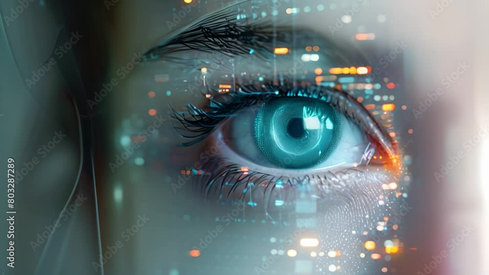 Poster A detailed close-up of an eye merged with digital graphics, symbolizing tech vision.