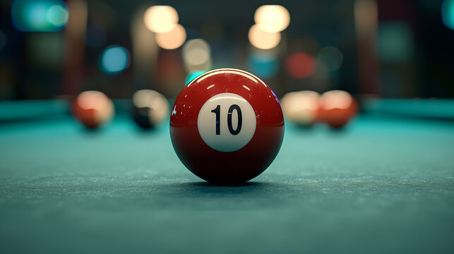A vividly colored close-up of a red and white number 10 billiard ball on the felt surface of a pool table with other balls in backdrop