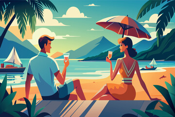A man and woman toasting drinks under an umbrella on a sandy beach