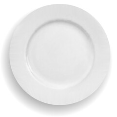 Photorealistic drawing of a white plate, close-up top view, isolated on a white background