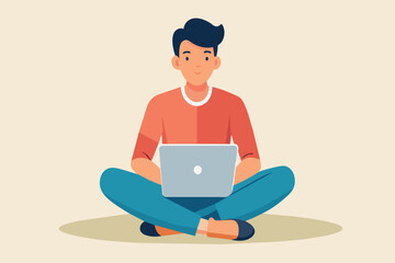 A man works on his laptop while sitting on the floor