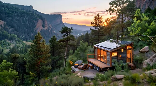 A handbuilt tiny house nestled in the mountains with solar panels integrated into the design for heating and powering appliances.