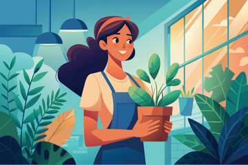 Woman with a plant in a garden center, sunlight streaming in