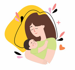Vector Illustration Of Mother Holding Baby In Arms. 