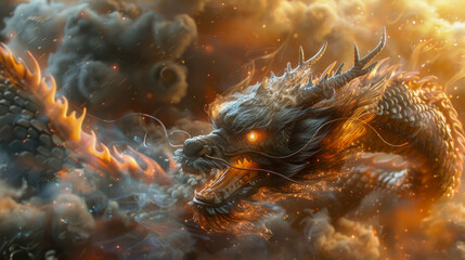 Stunning Majestic Chinese - Asian Dragon in Fiery Clouds Illustration, in Bold Colors with Mystic Fire Sparks