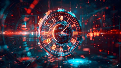 Futuristic time travel technology depicted through clock motifs in abstract background. Concept Time Travel Technology, Futuristic Design, Clock Motifs, Abstract Backgrounds