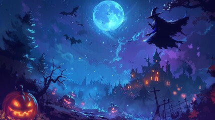 Halloween adventure with a cackling witch flying over a sinister pumpkin  haunted forest backdrop under a full moon