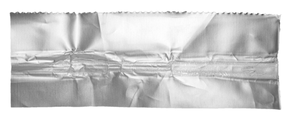 Single piece of cut out crumpled bright shiny metallic aluminium or aluminum foil, isolated on white or transparent background
