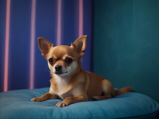 chihuahua Cute dog sleeping in the blue neon room