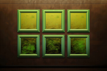 An avant-garde art gallery featuring four metallic green frames on a dark chocolate brown wall, designed for a rich and vibrant display
