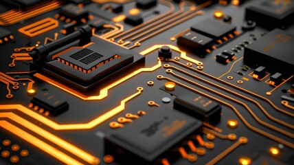 Detailed close up shot of a computer motherboard showcasing various components like CPU socket, RAM slots, and PCIe slots