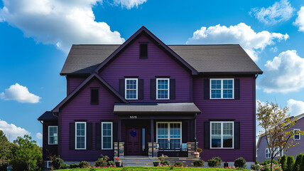 An elegant eggplant purple house with siding and shutters makes a sophisticated statement in the suburban landscape, its deep hue contrasting beautifully with the azure sky above on a sunny day.