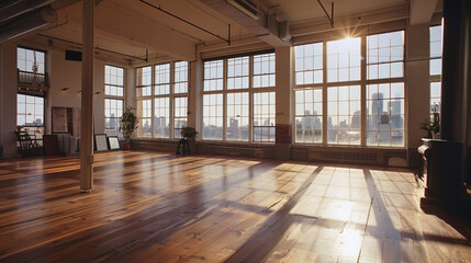 Urban artists loft spacious and bright contemporary wooden floors expansive views of the bustling city below