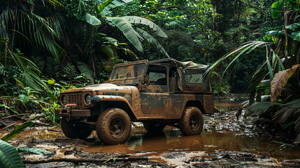 Muddy off road vehicle parked in a lush forest with its anonymous driver taking a break enveloped...