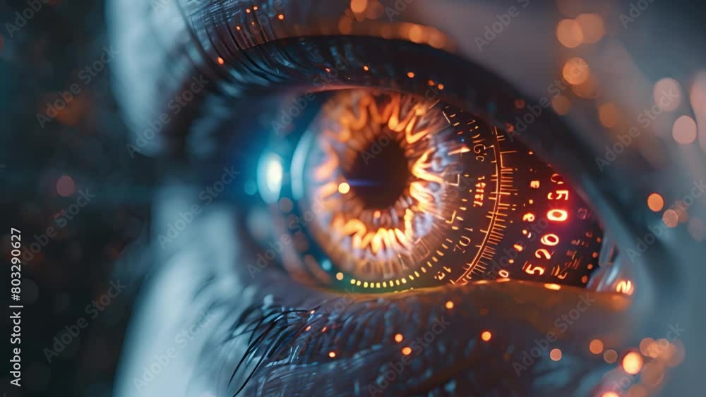 Aufkleber A close-up view of a cybernetic eye with glowing digital enhancements.