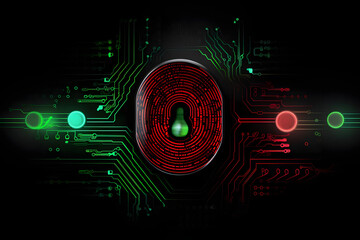 Biometric Identification System with Red and Green Iris Scans and Fingerprint Locks Demonstrating Biometric Security Solutions on Black Background