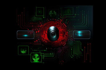 Biometric Identification System with Red and Green Iris Scans and Fingerprint Locks Demonstrating Biometric Security Solutions on Black Background