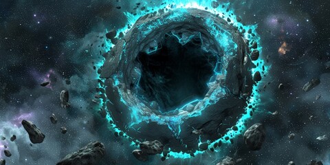 An artists interpretation of a black hole, a massive astronomical object with such intense gravitational pull that not even light can escape, surrounded by swirling gas and debris