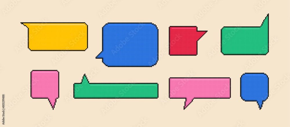 Poster collection of multicolored pixel speech bubble for game art. retro icons, empty rectangular chat tem
