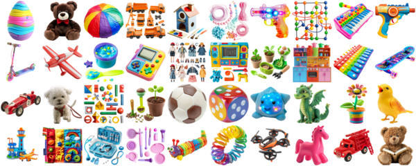 big collection of different toys for children kid, school playroom decor, magnet toy, doll, teddy bear, board game, photo collage set, isolated transparent background AIG44