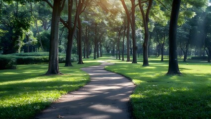 A delightful park pathway framed by maple trees leads to the park center. Concept Nature, Park, Pathway, Trees, Outdoors