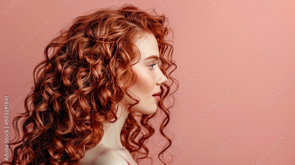 Poster vivid red haired girl portrait on soft pastel backdrop with ample space for text placement