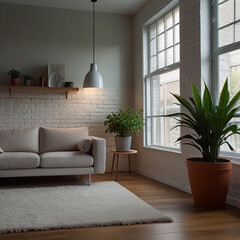 Luxury livingroom decoration or apartment interior design with houseplant, sofa, table, chair, holding light and furniture ai generative 