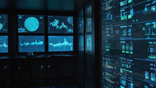 A dark room with multiple computer screens displaying various graphs and data.