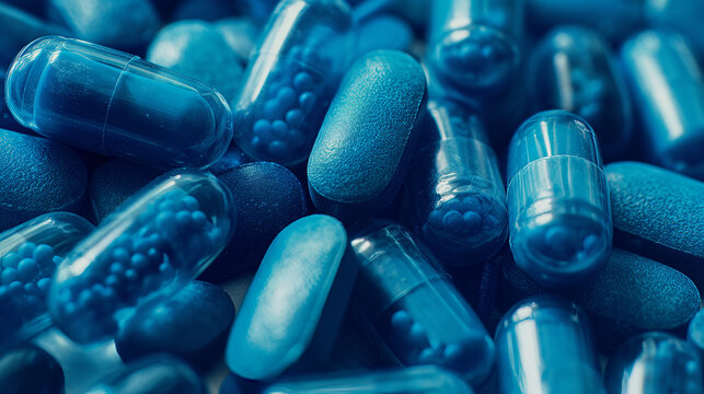Assorted blue medicine capsules and pills in a close-up image with a focus on pharmaceutical industry
