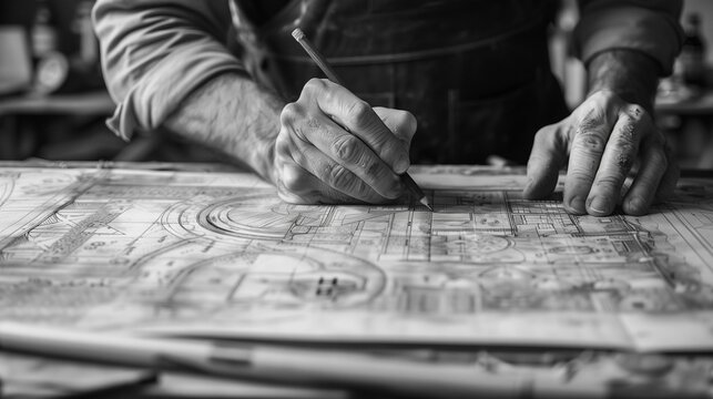 Architect designing blueprints in a serene workspace, generative ai