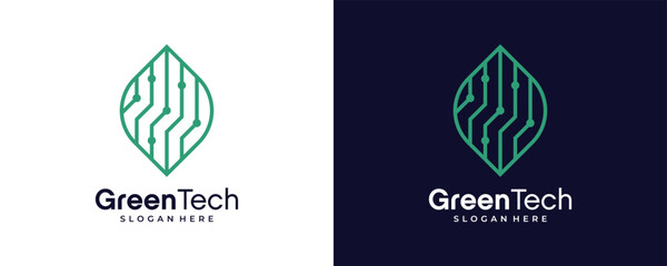 Creative green technology logo, leaf with electronic circuit icon