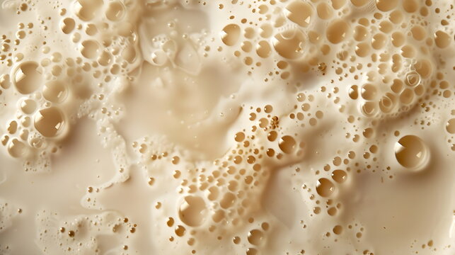 Foam with whipped fresh milk, bubbles and milk rivers similar to a foaming soap solution close-up, top view