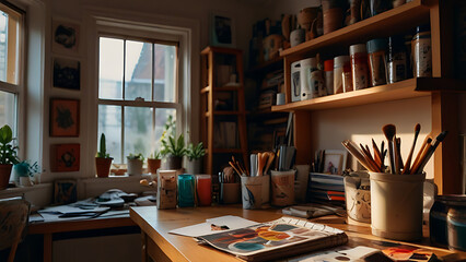 Artist's Workspace Overflowing with Creative Supplies