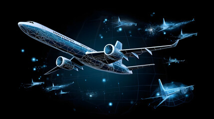 Aerospace Technology with Blue and White Airplanes Flying and Satellites Orbiting Demonstrating Aviation Technologies on Black Background