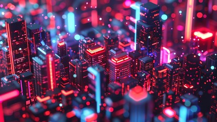 A bustling cityscape with towering buildings illuminated by vibrant neon lights