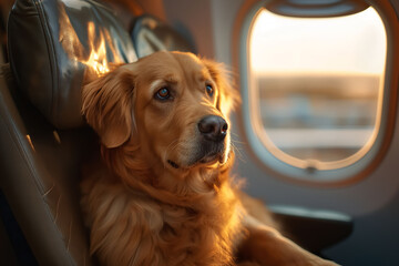 Close-up portrait of a cute dog in the airplane seat flying in cabin
