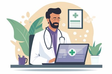 Doctor on a laptop screen conducting a virtual consultation with a patient, comfortable home environment, emphasis on&nbsp;the&nbsp;technology. Flat illustration